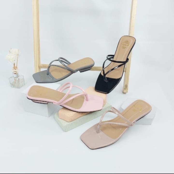 Sandal Heels Wanita Tali Jepit Hak 3cm Kekinian NESANH - BILQIS