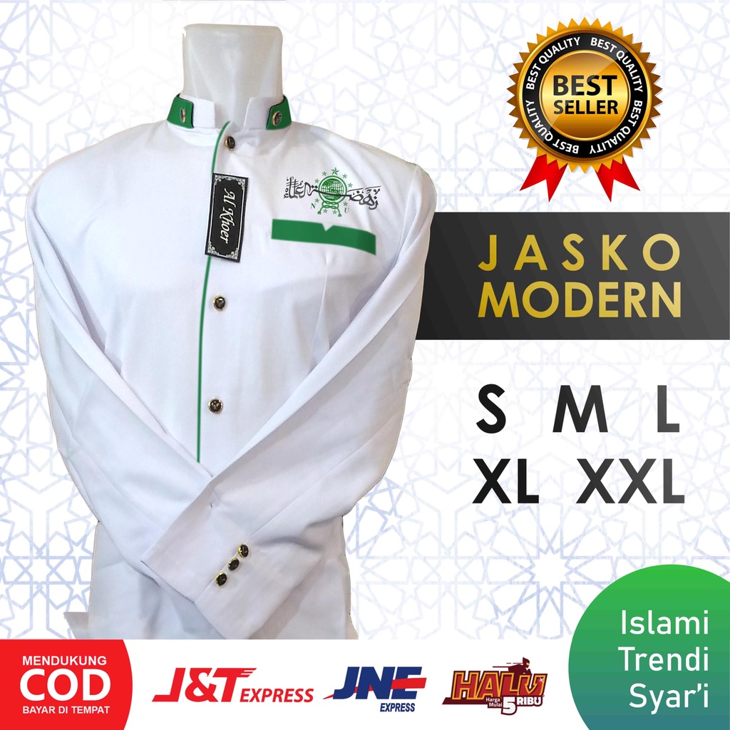 Baju Koko Jasko Muslim Pria Bordir Putih List Hijau NU S M L XL XXL