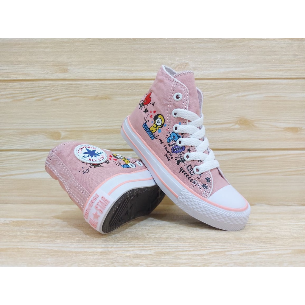 SEPATU ANAK PEREMPUAN | SEPATU SNEAKERS ANAK PEREMPUAN | SEPATU ANAK UMUR 1 2 3 4  5 6 7 TAHUN | SEPATU ANAK KARAKTER BTS/BT21 WARNA PEACH SIZE 21-35