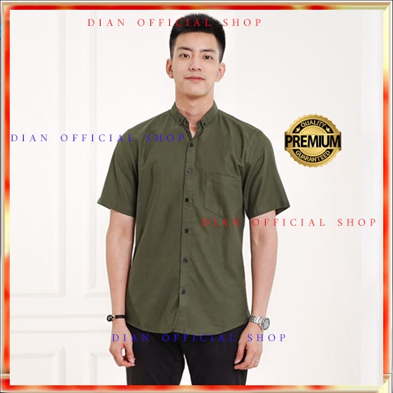 Kemeja Pria Lengan Pendek Cowok Premium Distro Warna Polos Hijau Army Baju Pria Kasual Green Armi XL-HIJAU ARMY
