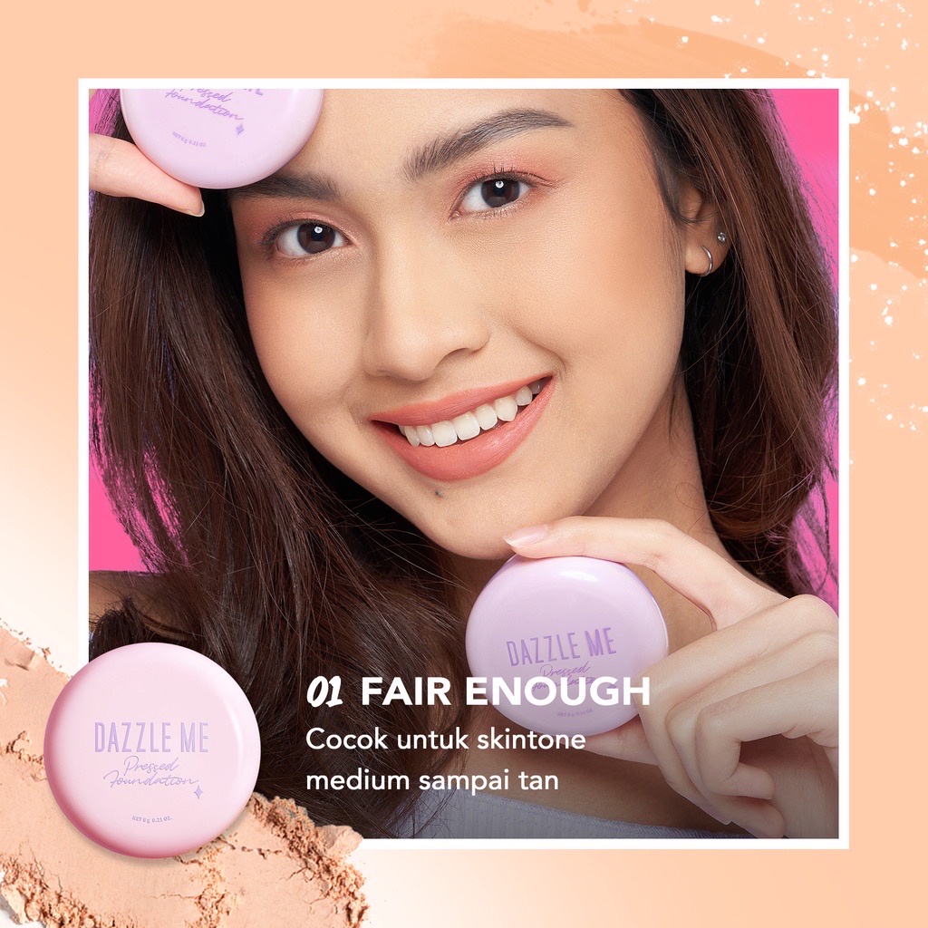 DAZZLE ME Muse Pressed Foundation Indonesia / Natural Filter Blurring Silicon Powder Matte Non Cakey Buildable Waterproof Sweatproof 6g / Oil Control / Compact Powder Bedak Padat / 01 Fair Enough 02 Natural Feeling / Cosmetic Makeup Face Make Up Wajah