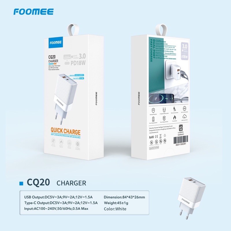 FOOMEE Travel charger CQ20 A+C PD3.0 + QC3.0