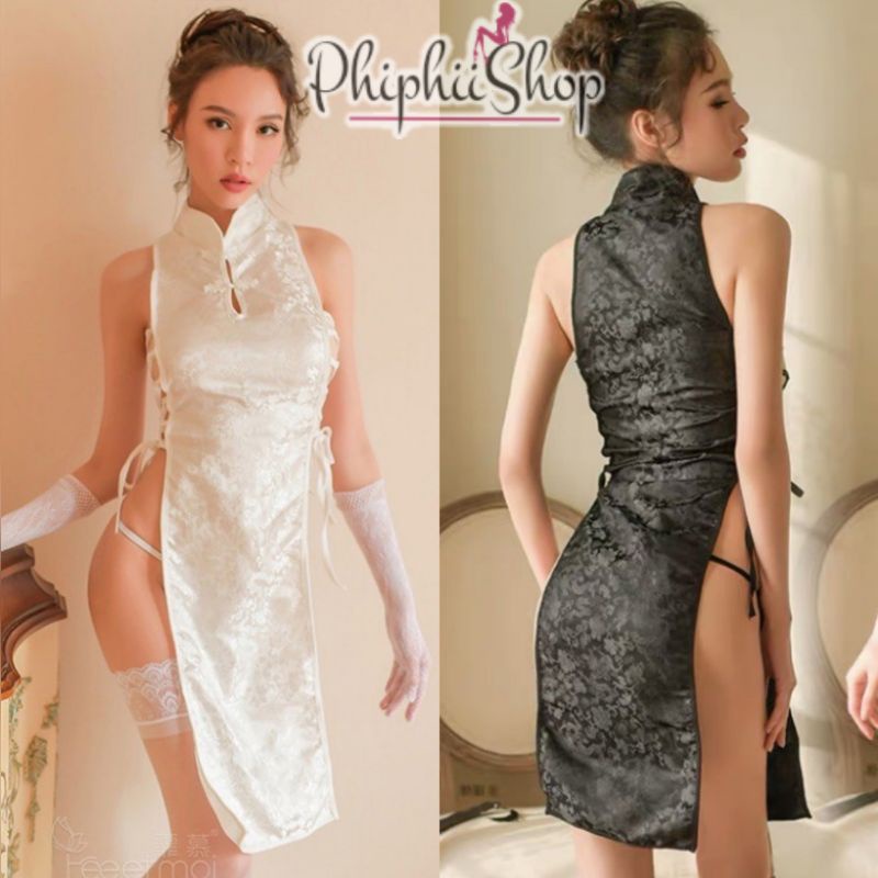 Cosplay lingerie Cheongsam Qipao China Dress Tali samping Hitam Putih