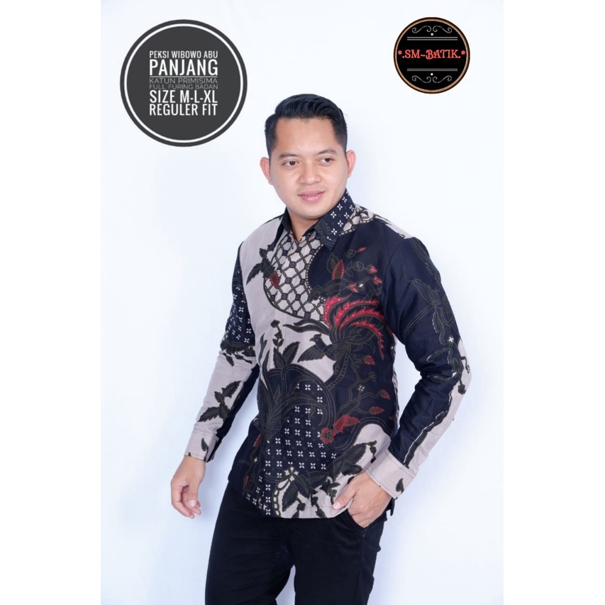 Batik pria lengan panjang modern ABU HITAM  ORIGINAL BAJU PREMIUM KEKINIAN BATIK SOLO MURAH TERBARU