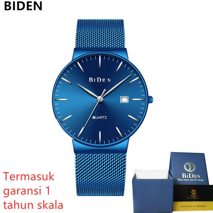 jam tangan pria BIDEN Analog Stainless Steel Mewah Mode Kasual - Biru
