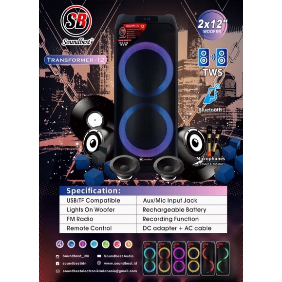 Speaker Party Soundbest 12inch double speaker portable Soundbest Tranformer 12 Original