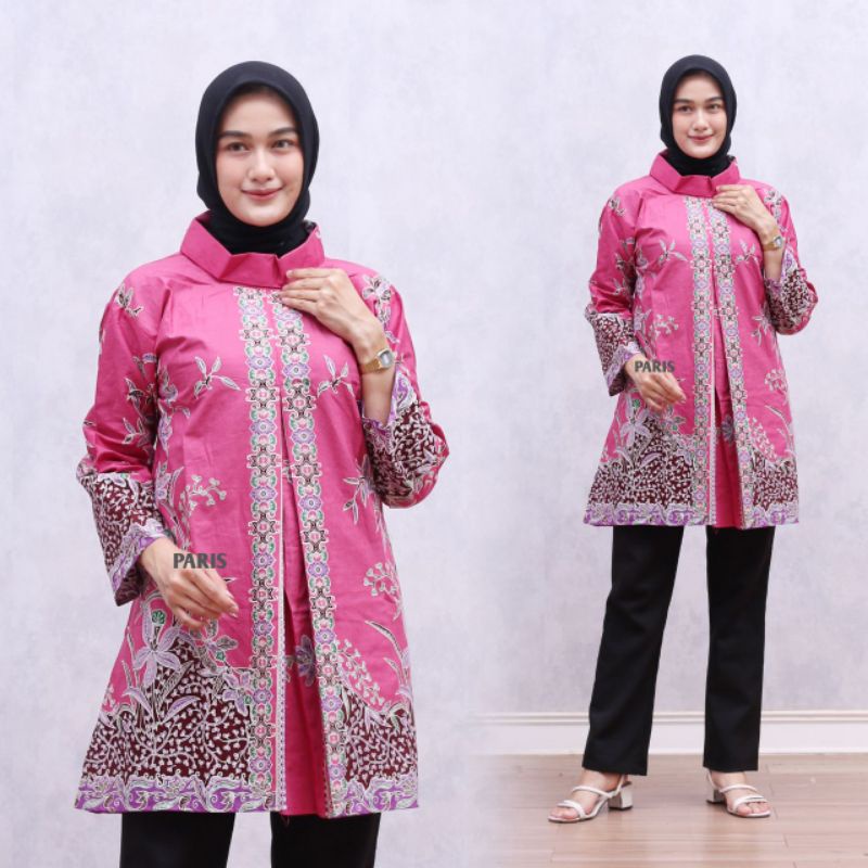 DRESS BATIK ALMIRA GAUN BATIK TUNIK BATIK TUNIC BATIK PENDEK WARNA PINK MERAH MUDA PRIMISIMA model k