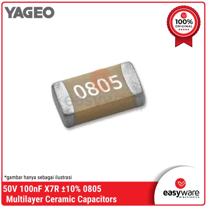 YAGEO Capacitor 100NF X7R 50V 10% 0805 Kapasitor SMD 100N 0805