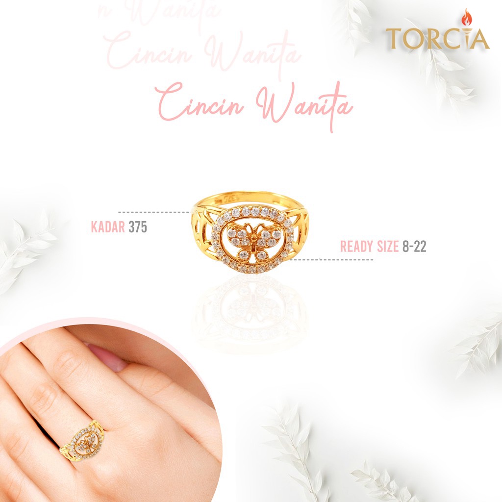 Cincin Wanita Emas Asli Lingkaran Kupu-Kupu Kadar 375 Torcia Gold