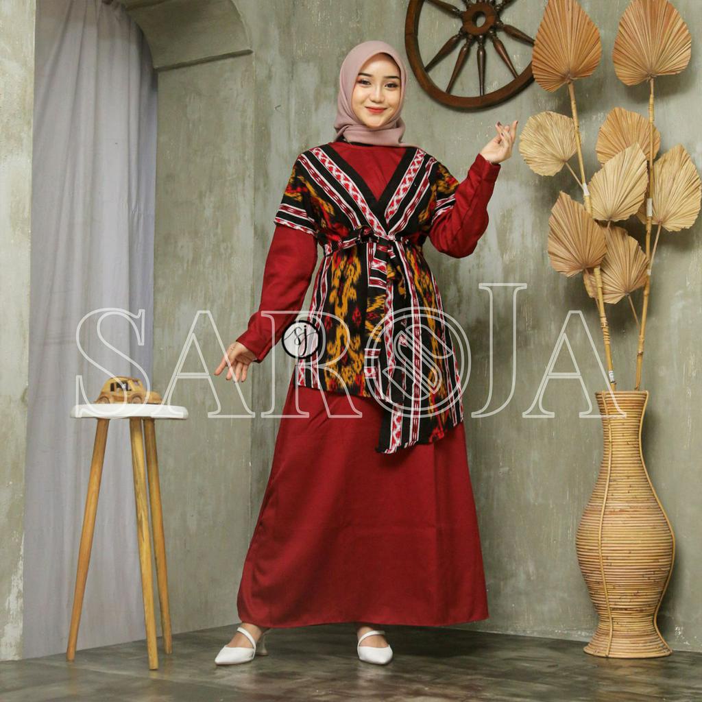 Saroja | Couple Keluarga Gamis Kombinasi motif Songket Satu Maroon