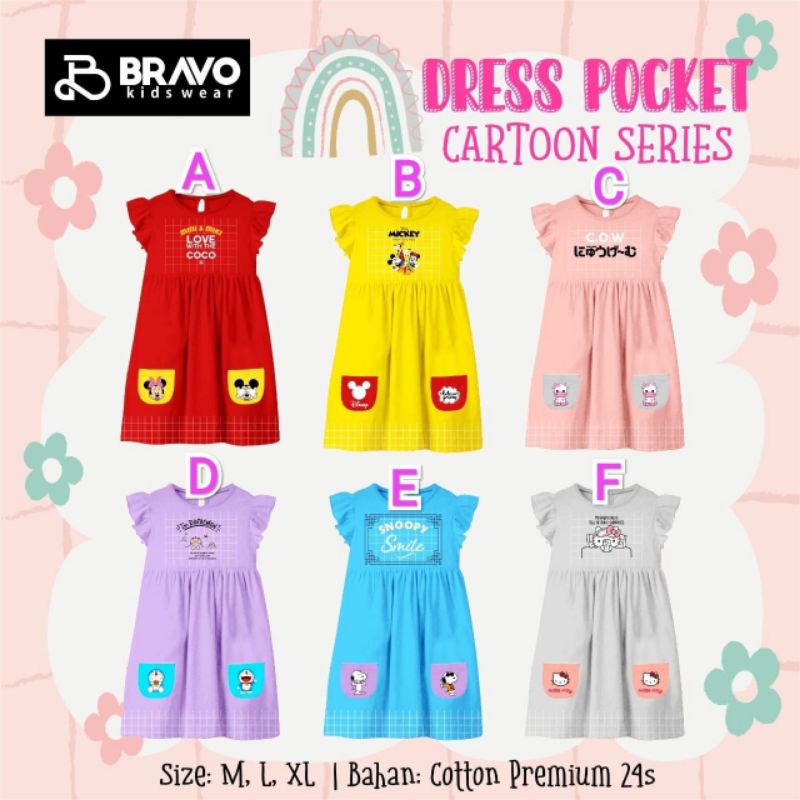 M-XL (5-10T) Dress Pocket Cartoon Series by Bravo Kids Wear / Dress Saku Anak Kartun Series / Dress 
