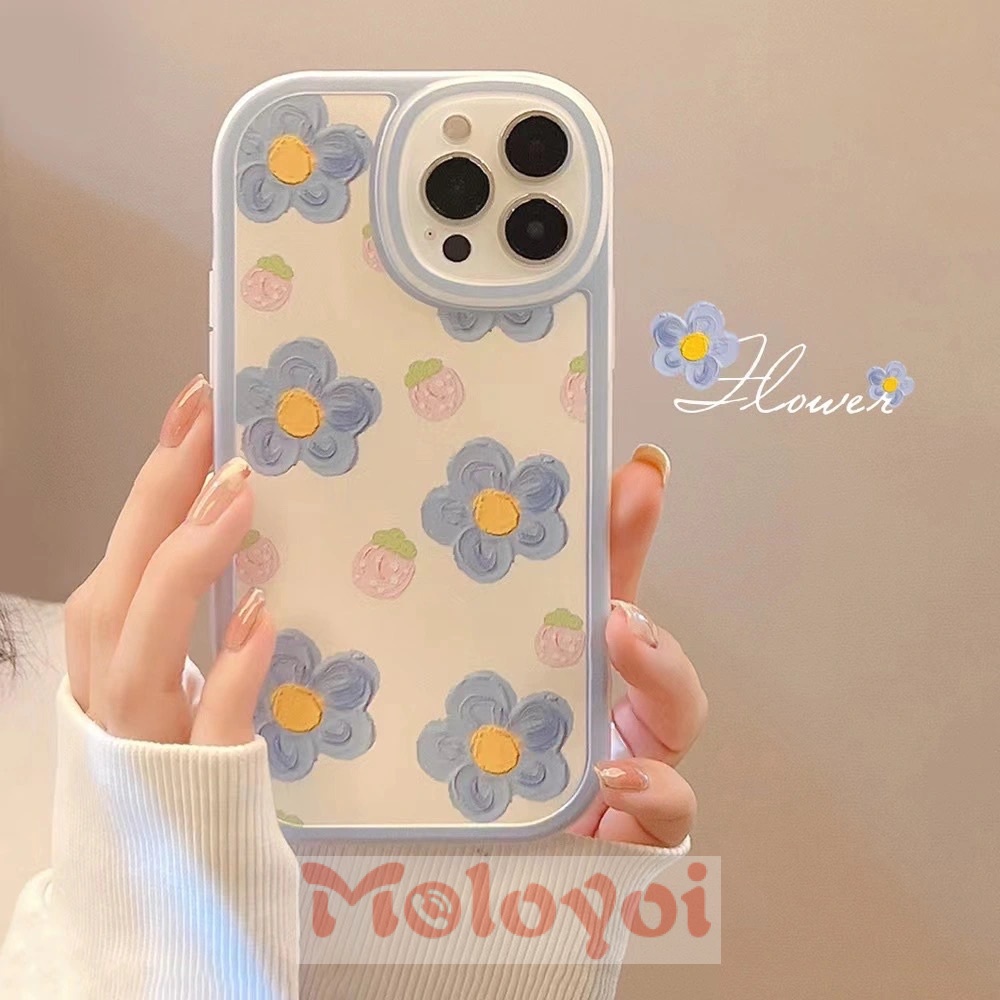 Oil Painting Blue Flowers Pink Strawberry Phone Case Compatible for IPhone 7 8 6 6s Plus 11 12 13 Pro Max X XR XS Max SE 2020 Shockproof Soft Back Cover