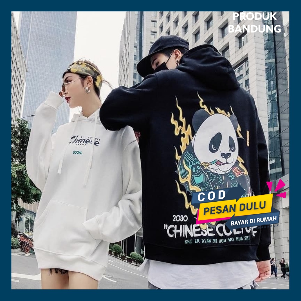hoodie hitam cowok panda japan tebal switer Korean style oversize hoodie couple pria wanita