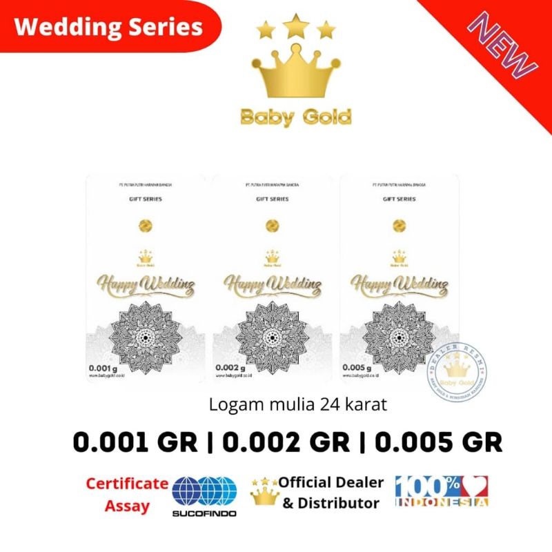 BABY GOLD HAPPY WEDDING SERIES 0.001 gram / 0.002 gram / 0.005 gram . Logam Mulia 24K. Emas Mini. Souvenir Gift