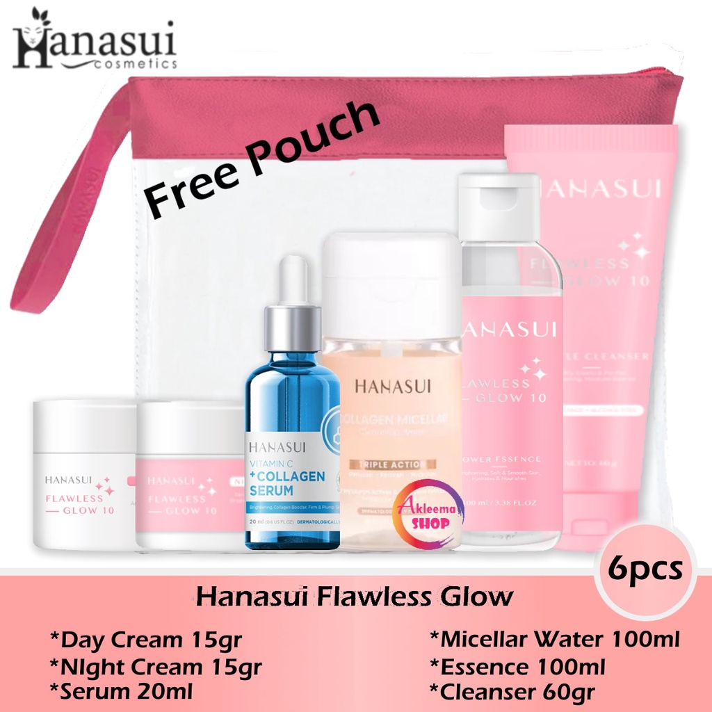 Paket Hanasui Flawless Glow 6pcs (day cream 15gr+night cream 15gr+serum biru 20ml+Micellar 100ml+essence 100ml+cleanser 60gr)