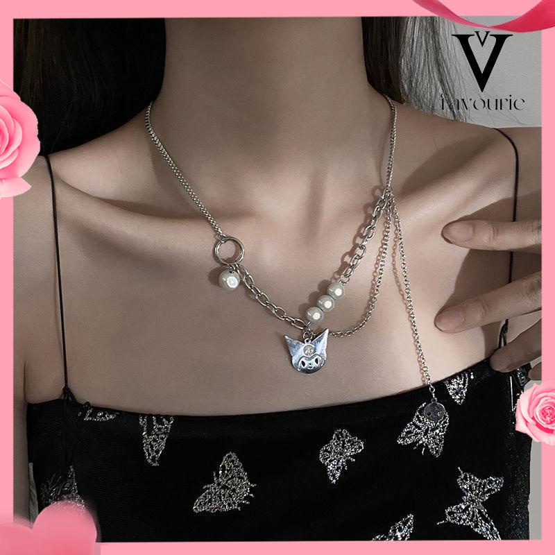 [COD]Kulomi Cat Reflektif Mutiara Stitching Kalung Multi-layer Kalung Rantai Sweater-FA