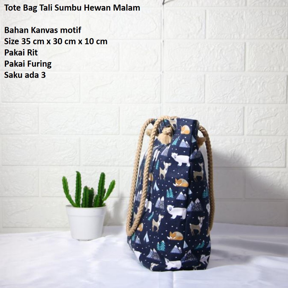 TOTEBAG KANVAS TALI SUMBU MOTIF HEWAN MALAM. TAS KANVAS. TAS WANITA. TAS JOGJA. Riens Collections