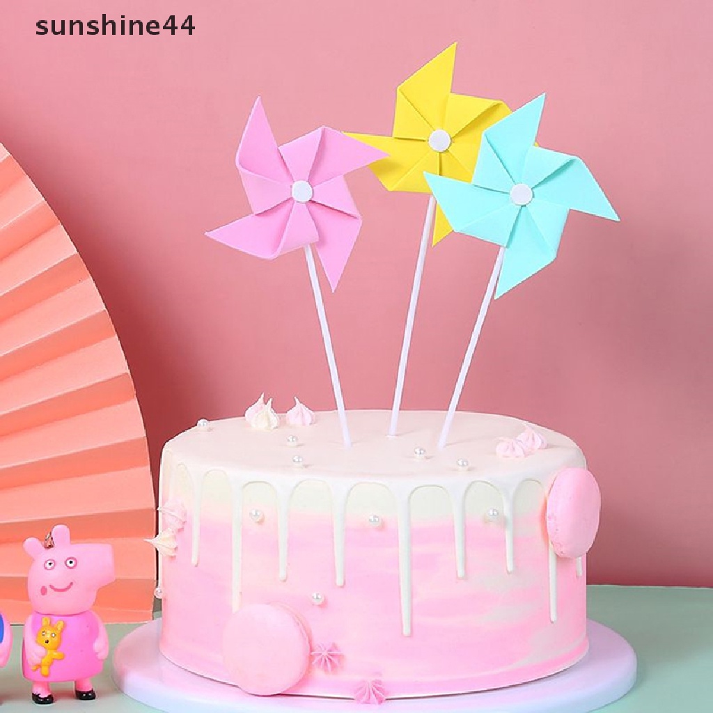 Sunshine 3pcs Topper Kue Ulang Tahun Bentuk Kincir Angin 3D Bahan Kertas Foam Warna-Warni