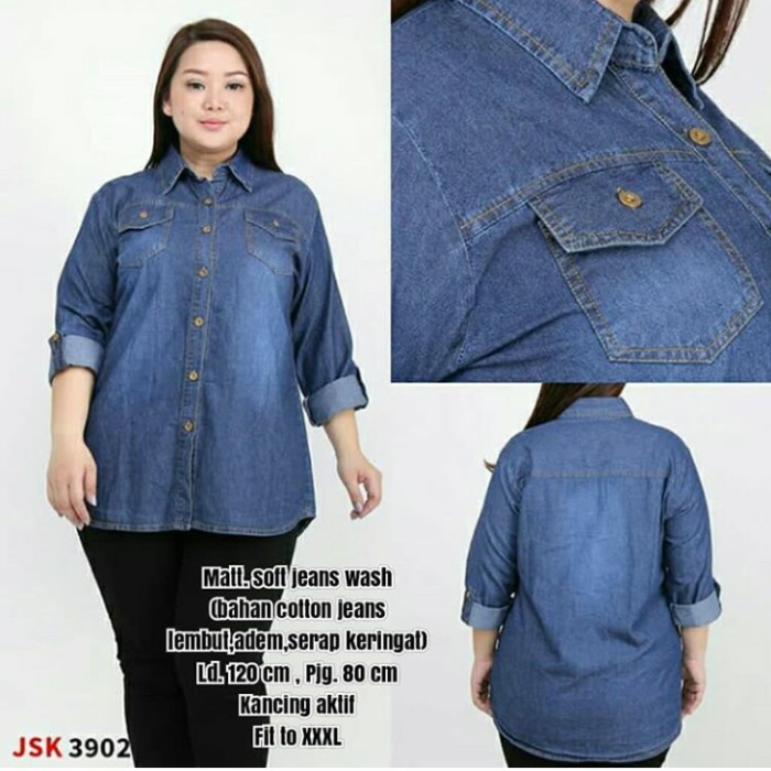 Eo) Lisy Hem Wanita Dewasa Atasan Kemeja Murah Cewe Cewek Putih U RL636 Kemeja Jeans Jumbo Jsk Ori