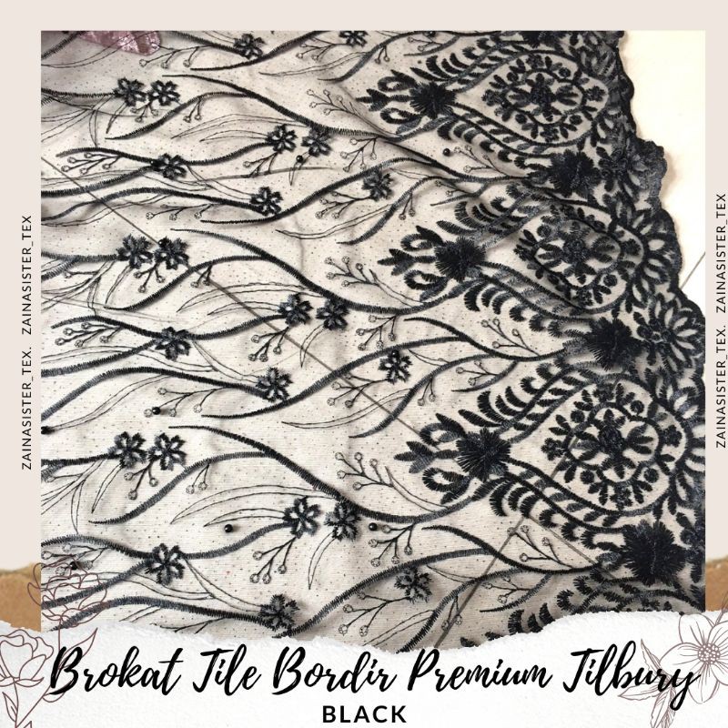 Kain Brokat Tile Mutiara Bordir Premium Mewah Tilbury Warna Hitam