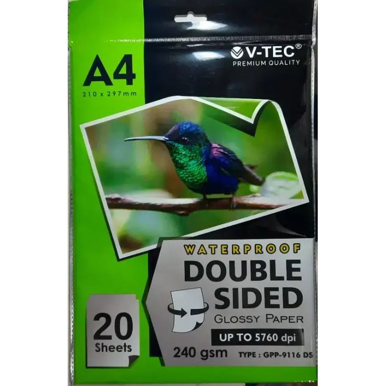 

Kertas Foto Glossy V-TEC Double Sided Waterproof 240GSM 20lbr/pak