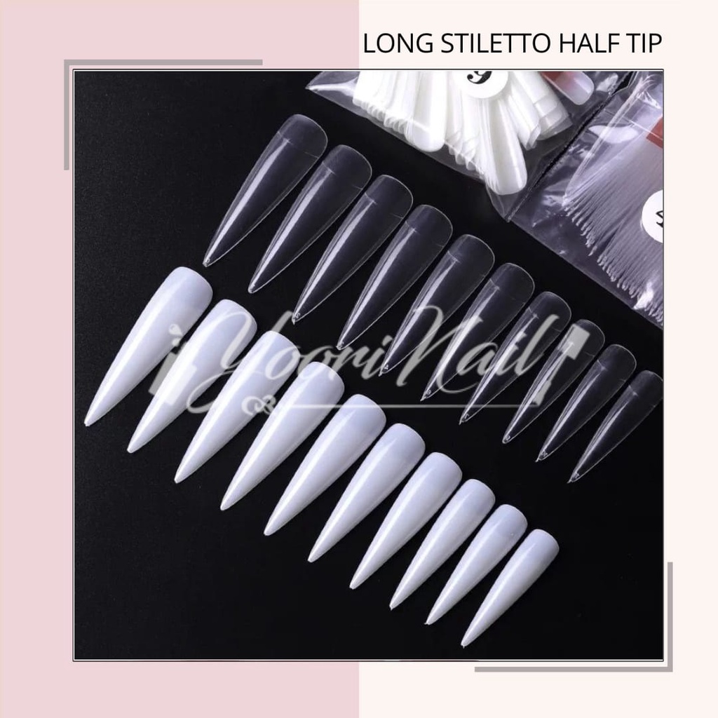 Fake nails long stiletto 500pcs kuku palsu runcing lancip sharp nails clear cream natural