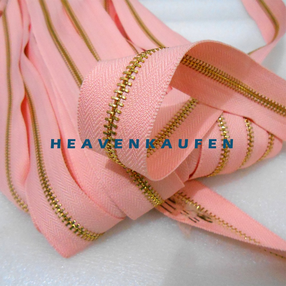 Resleting Zipper Gigi Besi Warna Peach - Gold Emas No 5 Meteran