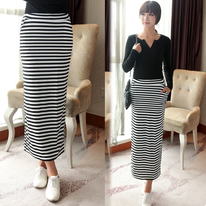 Rok Panjang Hitam Putih Garis Stripe (AF SK 01)