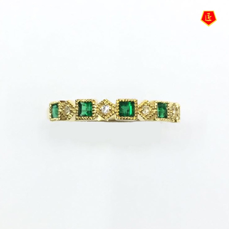 [Ready Stock]Simple Personality Square Diamond Emerald Ring 18K Gold