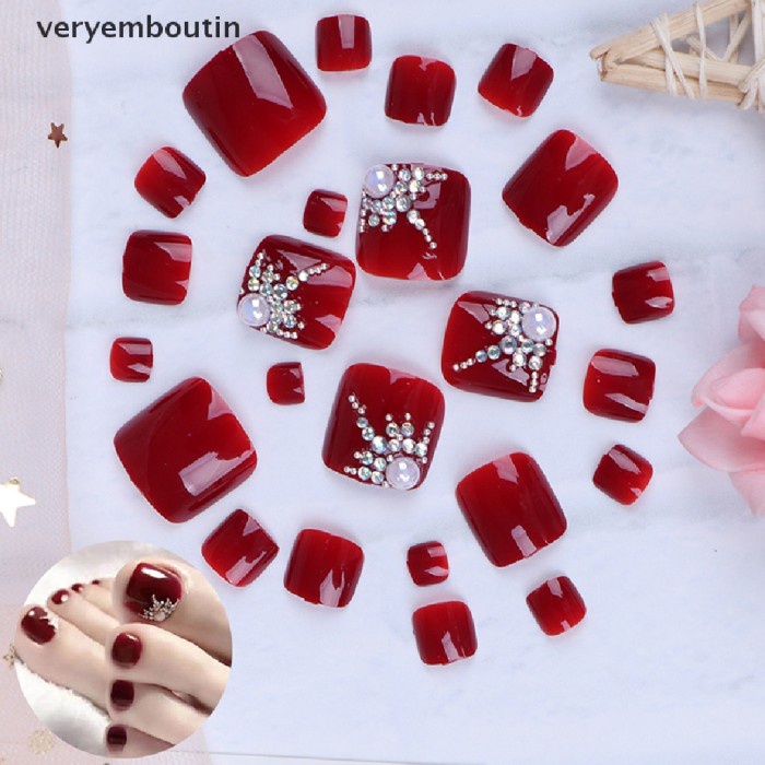24pcs Kuku Kaki Palsu War Merah tural Gaya Perancis Untuk Makeup Manic