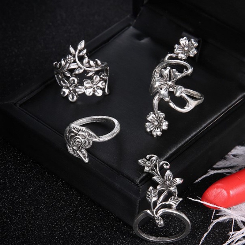 4pcs / Set Cincin Silver Antik Desain Daun Bunga Rambat Untuk Wanita