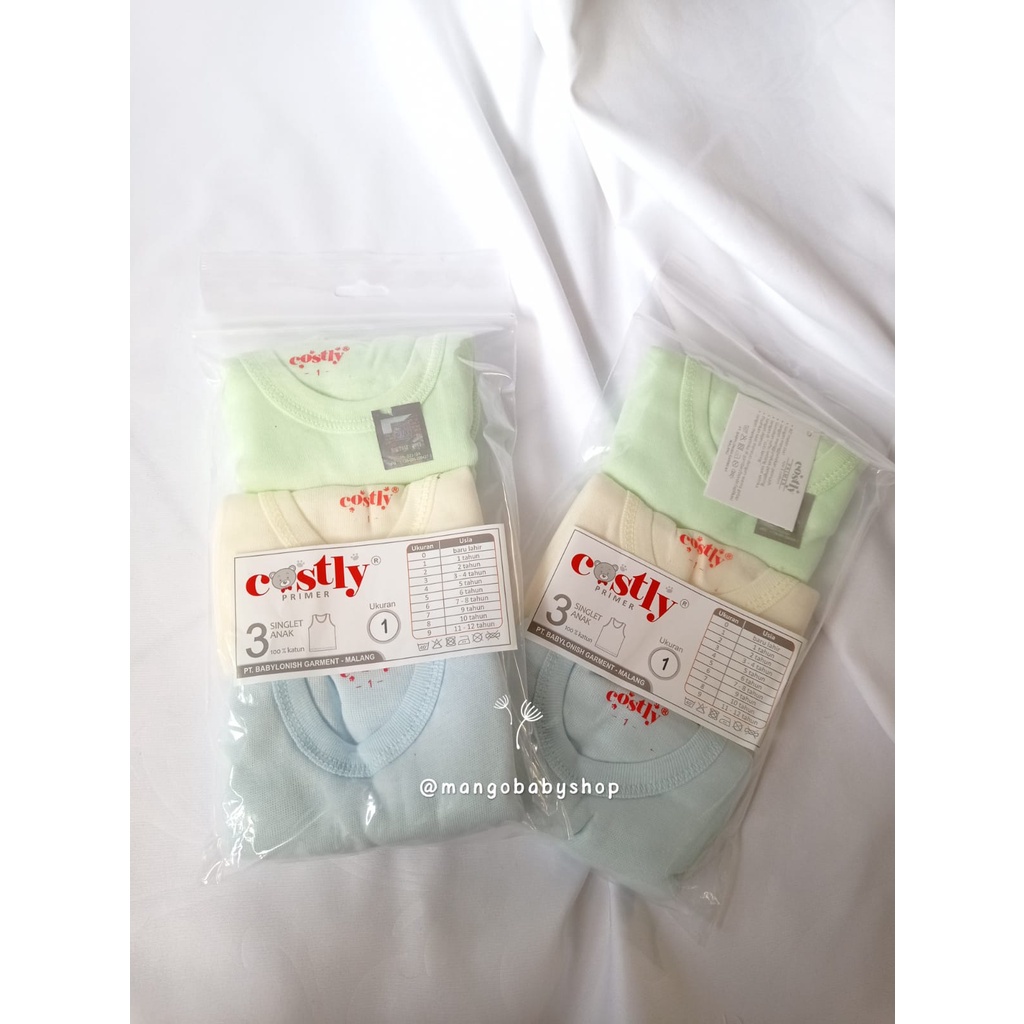 SINGLET DALAM BAYI BABY ANAK COSTLY 3PCS WARNA USIA 0 sd 4 TAHUN