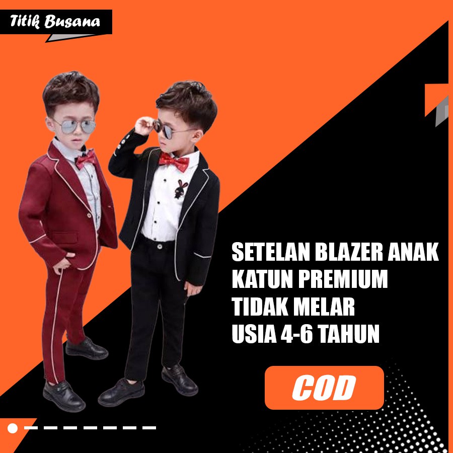 Setelan Blazer Anak Laki Laki Kiden Usia 4-6 Tahun Set Jas Anak Setelan Baju Anak Katun Maroon Hitam