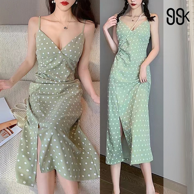 Korean Vneck Polkadot Long Dress Wanita Motif Polkadot 1050 (XS-XL)