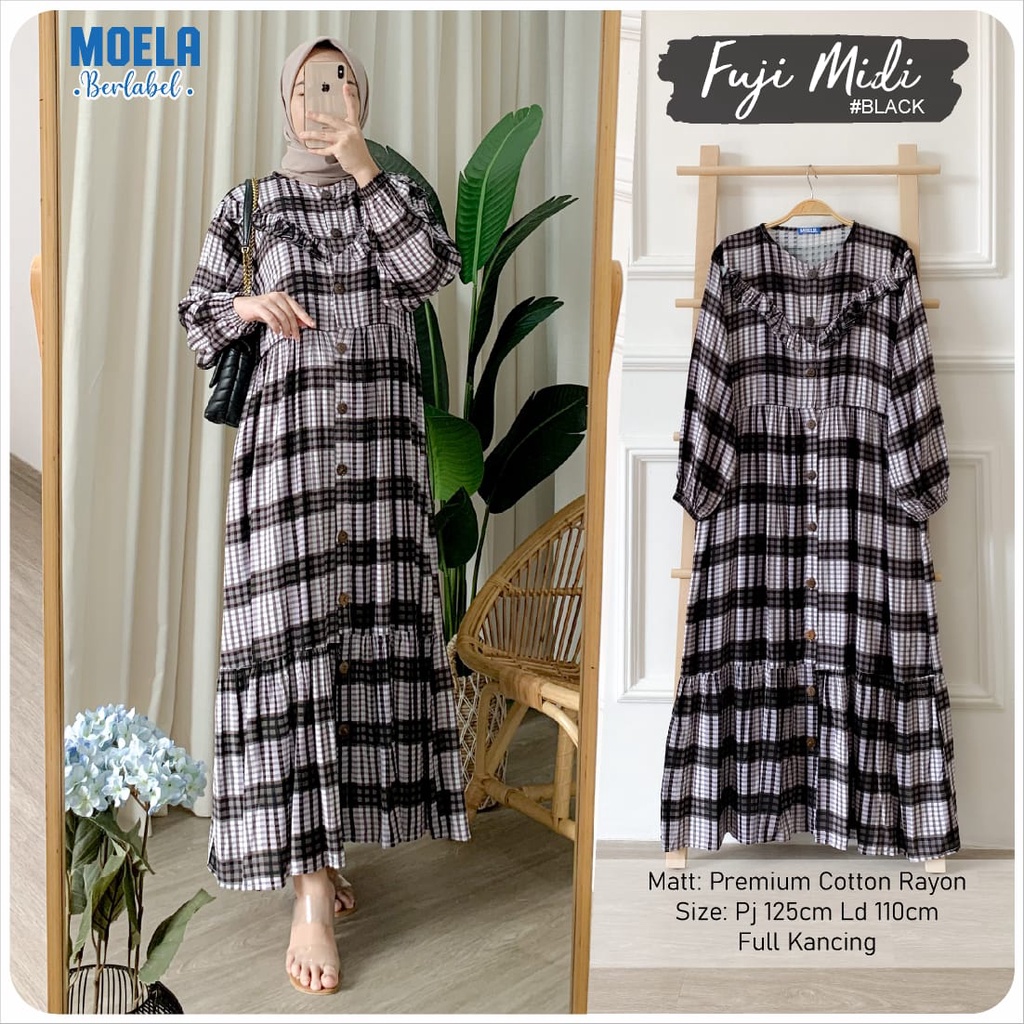 FUJI midi ld 110cm by ORI MOELA premium cotton rayon dress kotak kotak ootd MUSLIM fashion wanita