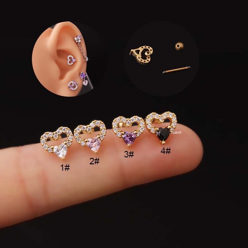 1pc Anting Tindik Tulang Rawan Telinga Bentuk Hati Ganda Bahan Stainless Steel Dengan Zircon 20Gauge