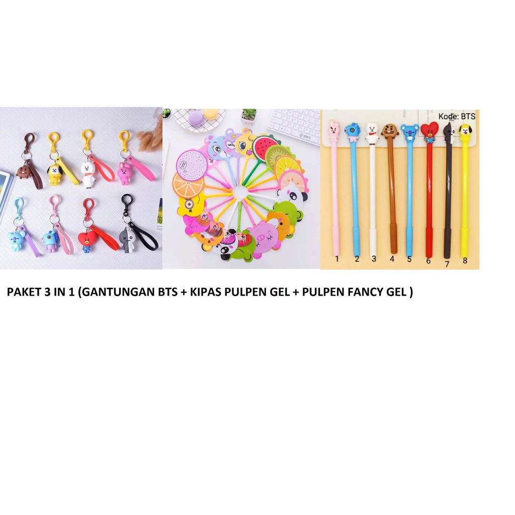 

Gantungan Kunci Boneka KPOP BTS + PENA KIPAS KARAKTER LUCU GEL+Pulpen Fancy Gel (3 in 1)