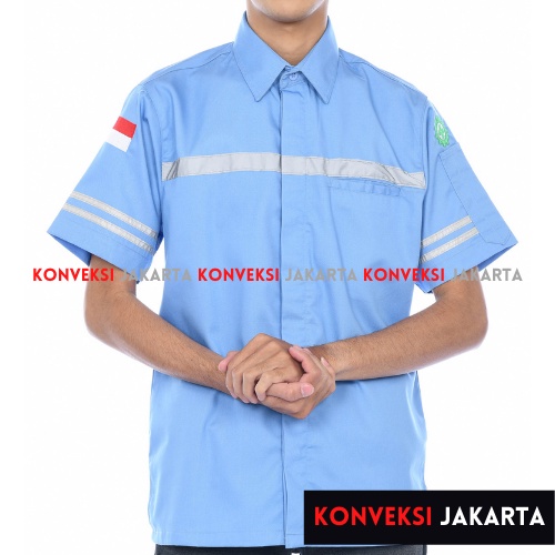 Baju Kerja Wearpack Kemeja Safety K3 Proyek Tambang Lengan Pendek  - Pakaian Seragam Werpak Kerja Atasan Scotlite Lapangan Pendek Warna Biru Telor Asin Pria Wanita