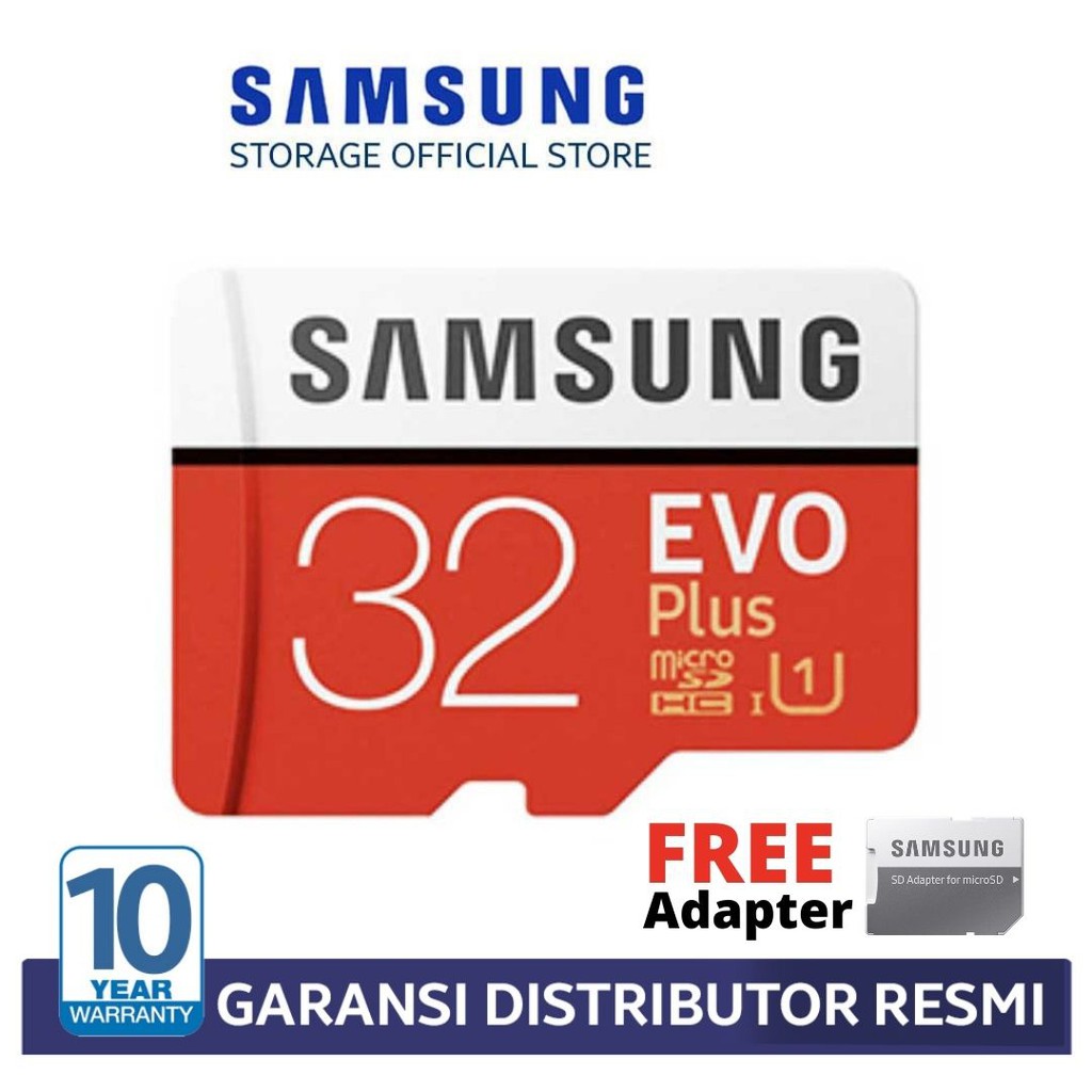 Samsung MicroSD Evo Plus 32GB Memory Card Micro SD 100MB/s UHS-i + FREE Adapter GARANSI RESMI 10thn