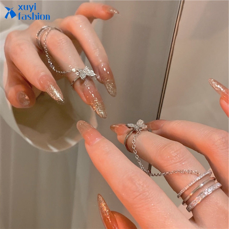 Set Cincin Model Terbuka Desain Kupu-Kupu Aksen Kristal Warna Silver Untuk Wanita