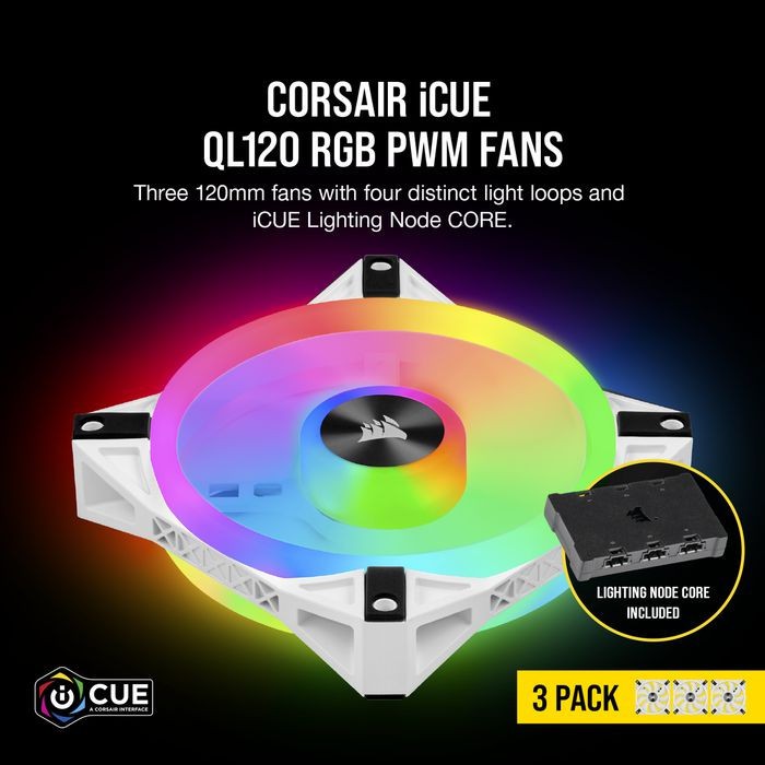 Corsair iCUE QL120 White RGB (Three Pack) - With Lighting Node CORE - 12CM Fan