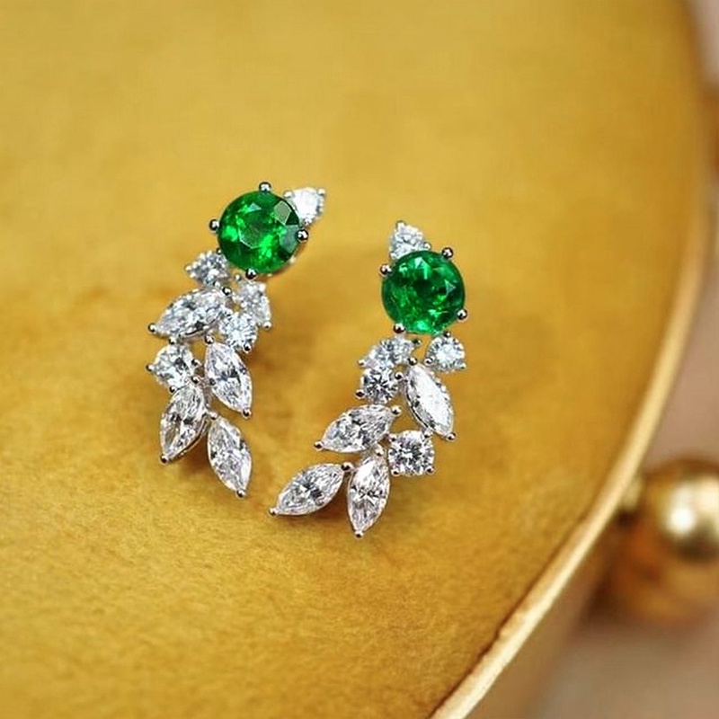 Anting Stud Bentuk Daun Hijau Cubic Zircon Untuk Wanita