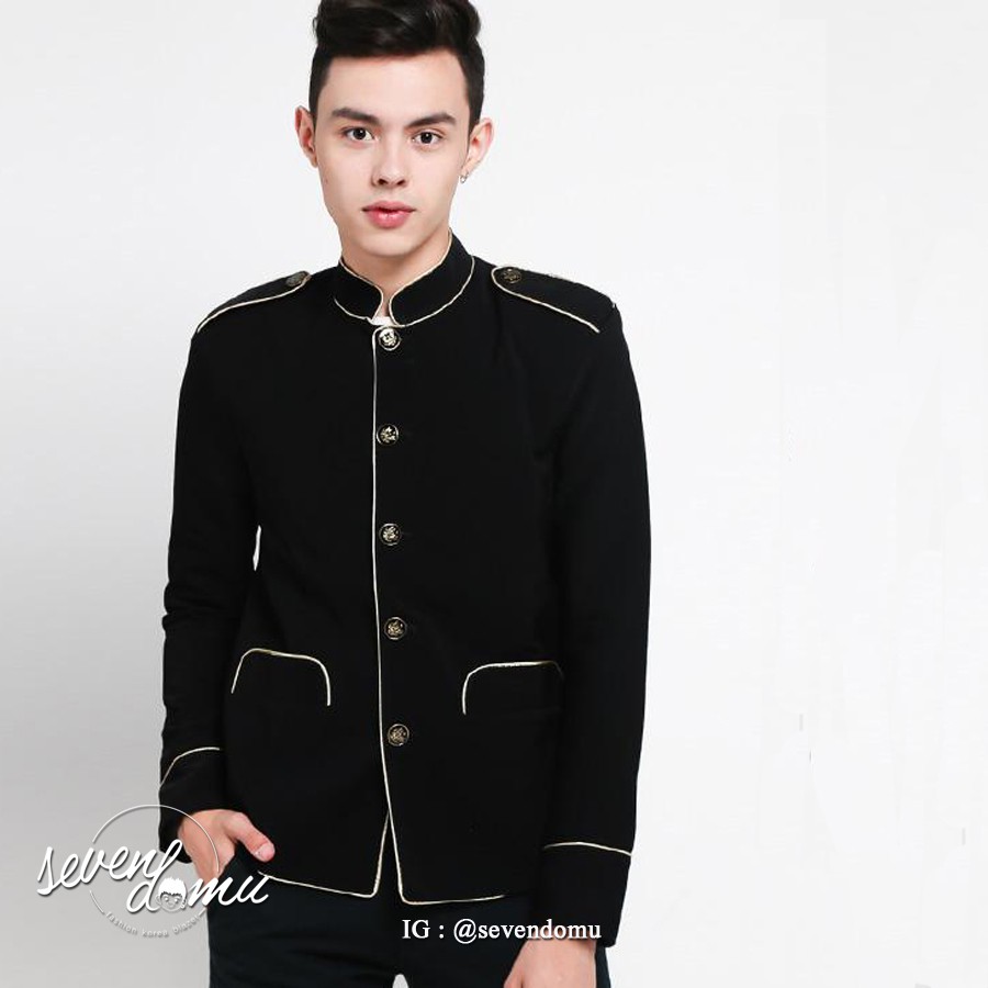 Blazer Pria Korean Style Black Military Edition List Gold | SK-20