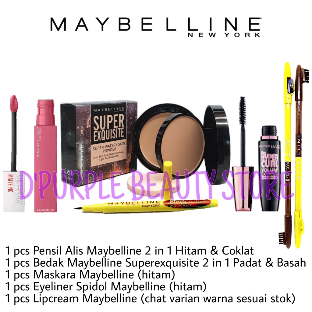 Paket Makeup Set Lengkap Murah Maybelline 5 in 1 - Paket Kosmetik Maybelline Lengkap Murah 5 in 1 - Bedak - Maskara - Eyeliner - Lipcream - Pensil Alis