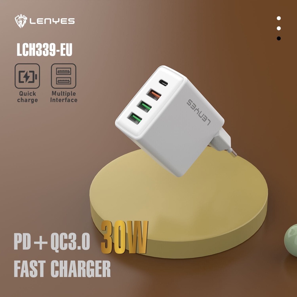 LENYES LCH339 adaptor charger 30W 4 IN 1 Type C PD 20W + QC 3.0 Fast Charging 3 USB Multiple Interface Power Adapter Batok Kepala cas original