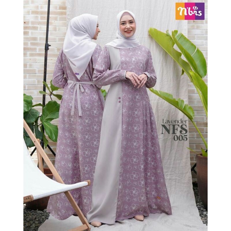 Gamis Nibras NFS 005 Warna Ungu Lavender Baju Pesta Syari Cantik Branded Elegan Motif Bunga Ori
