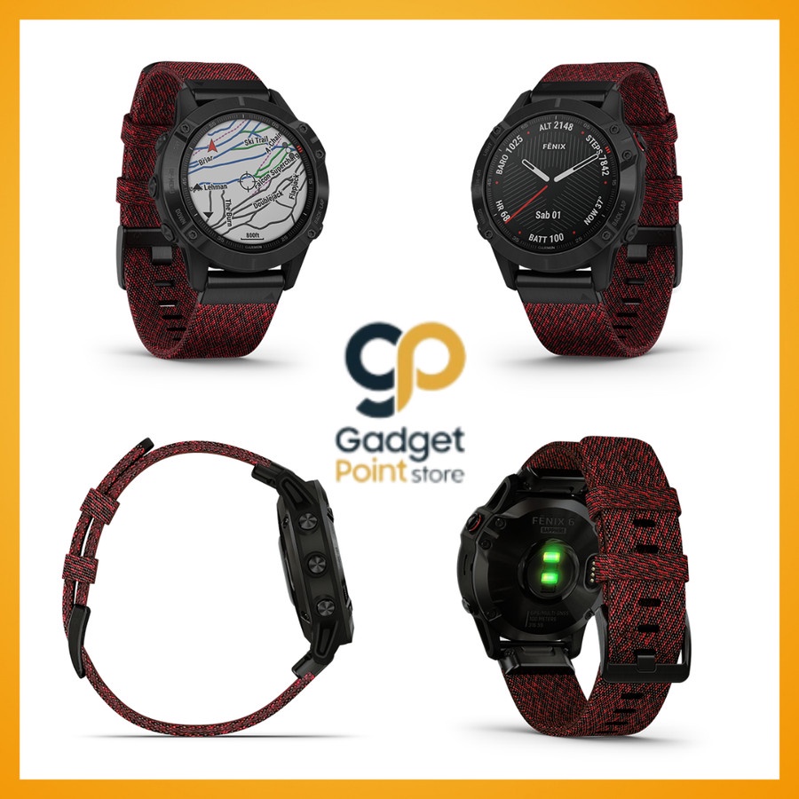 Garmin Watch Fenix 6 Black DLC with Heathered Red Nylon Band - Garansi Resmi Tam 2 Tahun