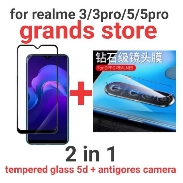 2 in 1 tempered glass 5d + antigores camera realme C1/C2/C3/C11/C12/C15/3/3pro/5/5i/5s/5pro