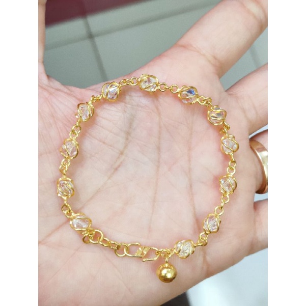 GELANG DEWASA PERAK 925 LAPIS EMAS 24K MODEL BOLA KRISTAL PUTIH DALAM SANGKAR