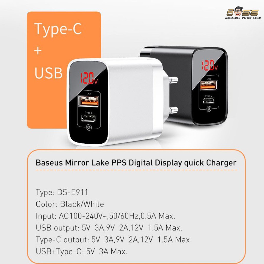 BASEUS CHARGER MIRROR LAKE DISPLAY QUICK CHARGE 18 W ORIGINAL GARANSI